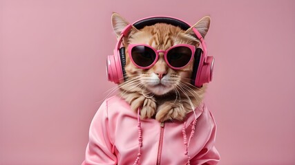 User
Funny cat on a background, listening to music with headphones. Stylish Cat Wearing Sunglasses and Headphones and pattern dress, Cat, Funny, Stylish, Sunglasses, Headphones, Music, Background