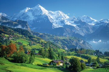 Traditional Swiss chalets sit under the snow-capped peaks of the Alps, with the first signs of winter in the foreground.
