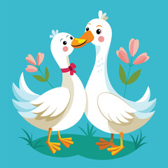 two ducks are kissing in the grass, one of them has a bow tie on it   vector illustration
