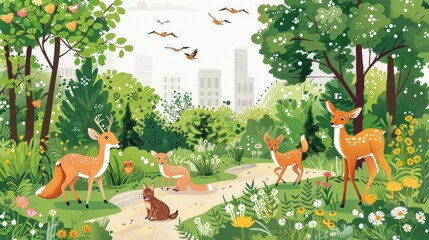 Obraz premium A vibrant illustration of animated forest animals in an urban park setting, portraying a harmony between nature and city life.