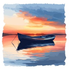 Digital artwork capturing the serene beauty of a solitary boat floating on calm waters against a vibrant sunset sky. - obrazy, fototapety, plakaty