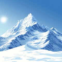 A bright and clear illustration of a snowy mountain peak reaching into the sky, bathed in the sunlight. - obrazy, fototapety, plakaty