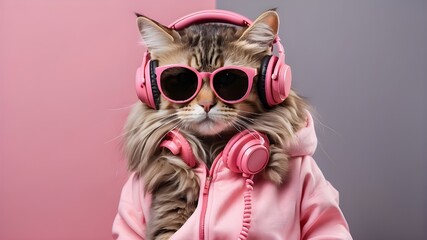 User
Funny cat on a background, listening to music with headphones. Stylish Cat Wearing Sunglasses and Headphones and pattern dress, Cat, Funny, Stylish, Sunglasses, Headphones, Music, Background - obrazy, fototapety, plakaty