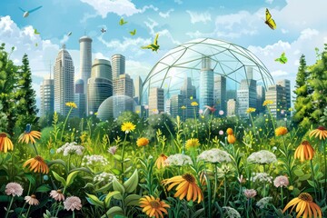 An imaginative illustration showing a futuristic urban greenhouse, surrounded by lush greenery and vibrant city life. - obrazy, fototapety, plakaty