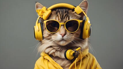 User
Funny cat on a background, listening to music with headphones. Stylish Cat Wearing Sunglasses and Headphones and pattern dress, Cat, Funny, Stylish, Sunglasses, Headphones, Music, Background - obrazy, fototapety, plakaty