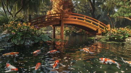 An elegant Japanese-style bridge spanning over a peaceful koi pond, symbolizing connection and...