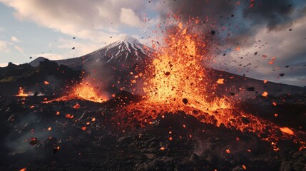 A volcanic eruption is depicted, with a volcano spewing out a large amount of lava. The molten rock cascades down the sides of the volcano in a fiery display of natures power.