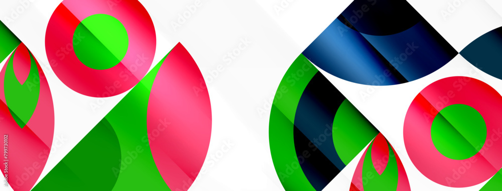Poster A dynamic art piece featuring a red and green circle with a central electric blue circle on a white background. The colors create a striking pattern with symmetry and tints and shades