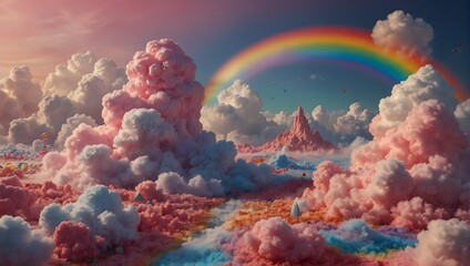 A whimsical cartoon world where the clouds are made of cotton candy and rainbows appear daily ai_generated - obrazy, fototapety, plakaty