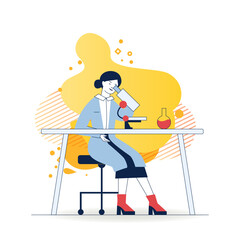 Assistant doing lab research. Woman in white coat using microscope at table with flask flat vector illustration. Laboratory, biochemistry concept for banner, website design or landing web page