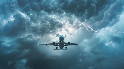 A commercial jet flies in the cloudy sky and there are lightning strikes. - obrazy, fototapety, plakaty