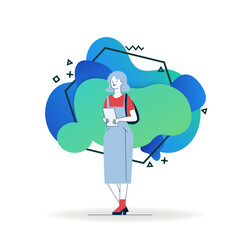 Cartoon woman using tablet. Female student standing and holding digital device flat vector illustration. Free Wi-Fi, communication concept for banner, website design or landing web page