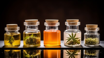 Assorted cannabis infused extracts stored in glass containers, offering a secure and convenient storage option for cannabis enthusiasts and individuals seeking therapeutic benefits from these products