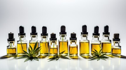 Pure cannabis oil comes in a row of dropper bottles used to treat a variety of medical conditions.
