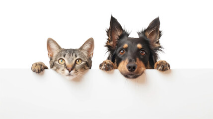 Dog and cat peeking over a blank white board on transparency background PNG
