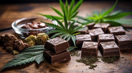 Marijuana-infused brownies are displayed on a charming rustic table. It invites you to let loose and explore its mesmerizing flavors and effects.
