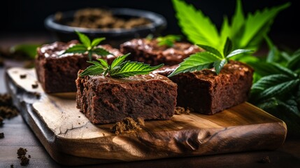 Marijuana-infused brownies showcased on a charming rustic table, inviting indulgence and exploration of their enticing flavors and effects.
 - obrazy, fototapety, plakaty