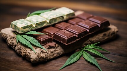 Cannabis-infused chocolate bars showcased on a charming rustic table, inviting indulgence and exploration of their enticing flavors and effects.
