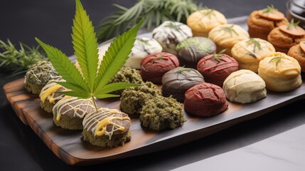 Cannabis-infused pastries elegantly arranged on a platter, enticing with their aroma and flavors, ready for enjoyment and relaxation.
