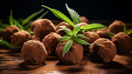 Cannabis-infused chocolate truffles delicately dusted with cocoa, offering a luxurious treat with a hint of cannabis infusion for a delightful experience.
