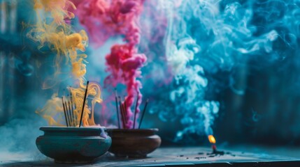 Colorful smoke from incense sticks wafting through a tranquil meditation space, creating a serene ambiance.