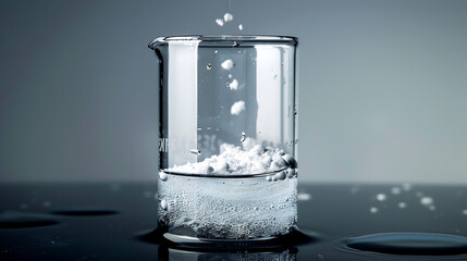 A beaker of water of a fine white powder laying flat at the bottom of water on top, amount of powder