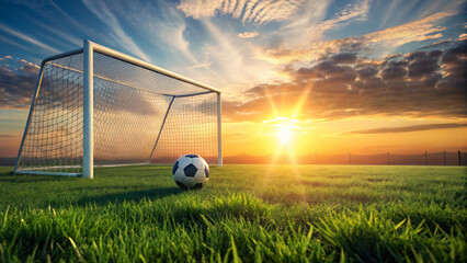 Soccer ball scores in goal against blue sky backdrop on green field