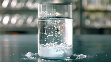 A beaker of water of a fine white powder laying flat at the bottom of water on top, amount of powder