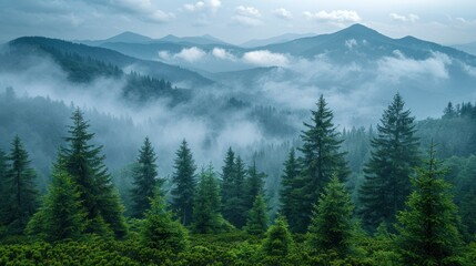 Fototapeta premium Panoramic view of spruce forest in fog seen from above