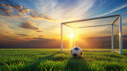 Soccer ball scores in goal against blue sky backdrop on green field