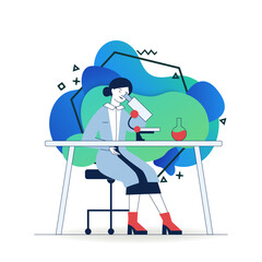 Female lab assistant doing research. Woman in white coat using microscope at table with flask flat vector illustration. Laboratory, biochemistry concept for banner, website design or landing page