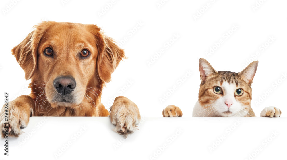 Wall mural Dog and cat peeking over a blank white board on transparency background PNG
