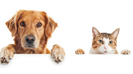 Dog and cat peeking over a blank white board on transparency background PNG

