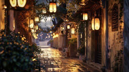 Glowing lanterns lining the ancient streets of the capital city, casting a warm and inviting glow on historic architecture.