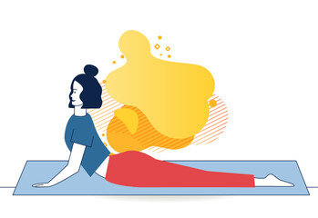 Female yogi stretching body. Young woman doing yoga on mat flat vector illustration. Body training, practice, lifestyle concept for banner, website design or landing web page