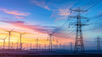 Power line towers with wind turbines in the background, highlighting the integration of renewable energy sources into the electrical grid.