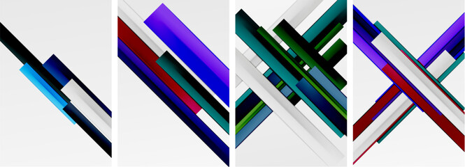 A mesmerizing art piece featuring a pattern of electric blue and magenta geometric shapes rectangles, parallel lines, and logos on a white background