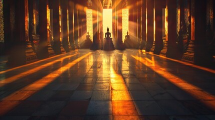 Shadows of Buddha statues elongated on a temple floor during sunset, symbolizing the eternal presence of enlightenment.