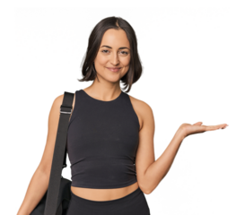 Young Caucasian sportswoman with backpack showing a copy space on a palm and holding another hand on waist.