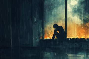 A person sits on a window ledge in a dimly lit room. Rain streaks down the window, blurring the outside world.