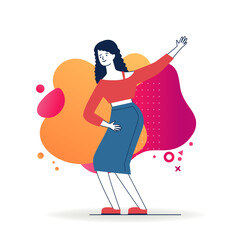 Joyful stylish young woman enjoying party. Cartoon young woman in casual dancing and having fun flat vector illustration. Celebration, joy, disco concept for banner, website design or landing web page