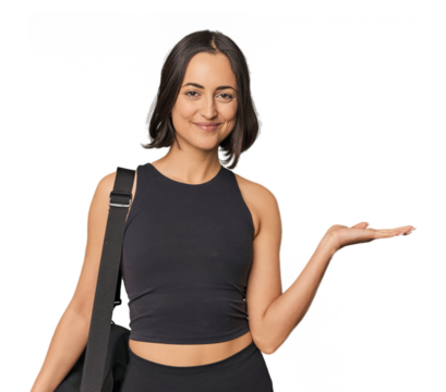 Young Caucasian sportswoman with backpack showing a copy space on a palm and holding another hand on waist.