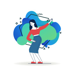 Fototapeta premium Joyful young woman enjoying party. Cartoon young woman in casual dancing and having fun flat vector illustration. Celebration, joy, disco concept for banner, website design or landing web page
