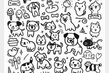 Simple wallpaper of dogs and cats. Vector linear seamless pattern. For postcard covers, etc