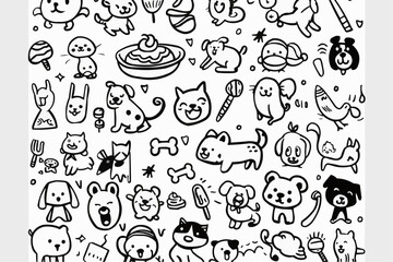 Fototapeta premium Simple wallpaper of dogs and cats. Vector linear seamless pattern. For postcard covers, etc
