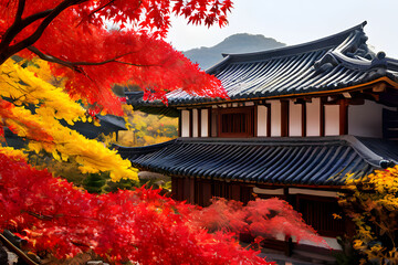 Korean traditional tile-roofed house in autumn