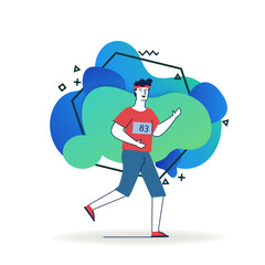 Fototapeta premium Male sportsman running. Cartoon character wearing fitness apparel, jogging flat vector illustration. Morning, outdoor workout, active lifestyle concept for banner, website design or landing web page