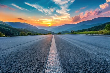 Asphalt road and mountain with sky clouds background at sunset - generative ai