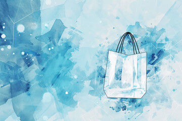 Abstract blue background with a shopping bag and digital tech elements, symbolizing e-commerce. Banner template with blue hues on textured watercolor paper