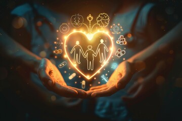 A photorealistic image of a family holding hands in a circle, with a glowing heart shape suspended above them. Emanating from the heart are lines that connect to various medical symbols. - Powered by Adobe